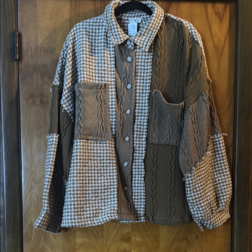 Pol Patchwork Button-Up Shirt - Brown And Cream - image 1